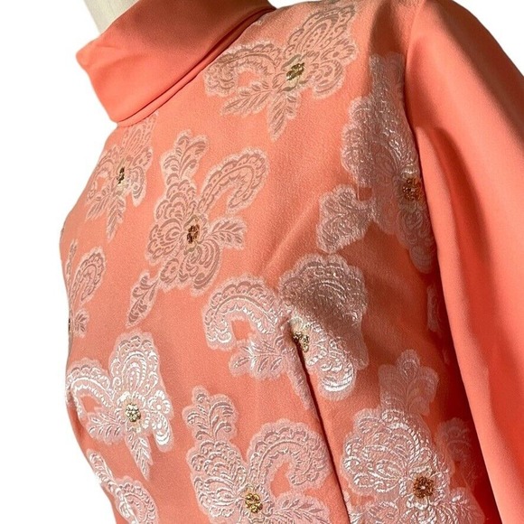 Vintage 60s 70s Peach Orange Maxi Dress Long Puff Sleeve Embroidered Floral Gown - Picture 2 of 6
